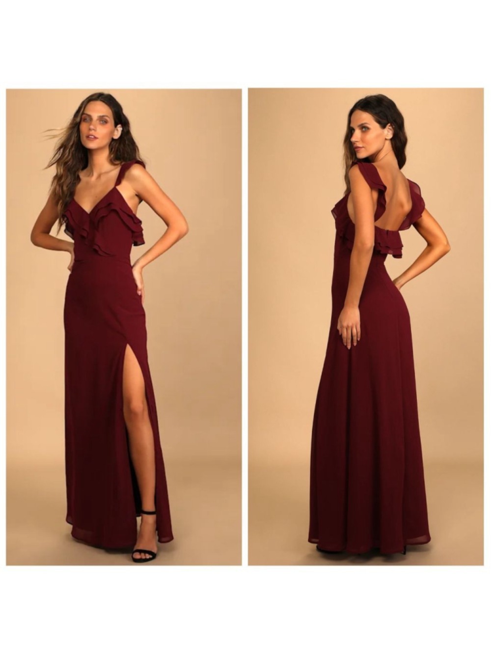 Lulus Burgundy Ruffle Maxi Dress M Adoring Glances Formal Gown Slit NWT